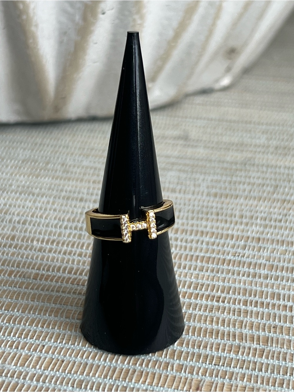 Adjustable Gold Tone H Monogram Ring with Black Enamel and Crystal Accents